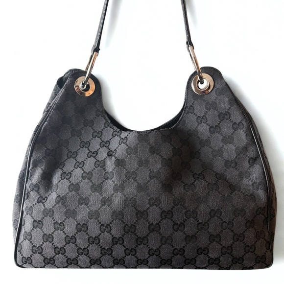 Gucci Handbags - Gucci Black GG Monogram Shoulder Bag with Gold Hardware